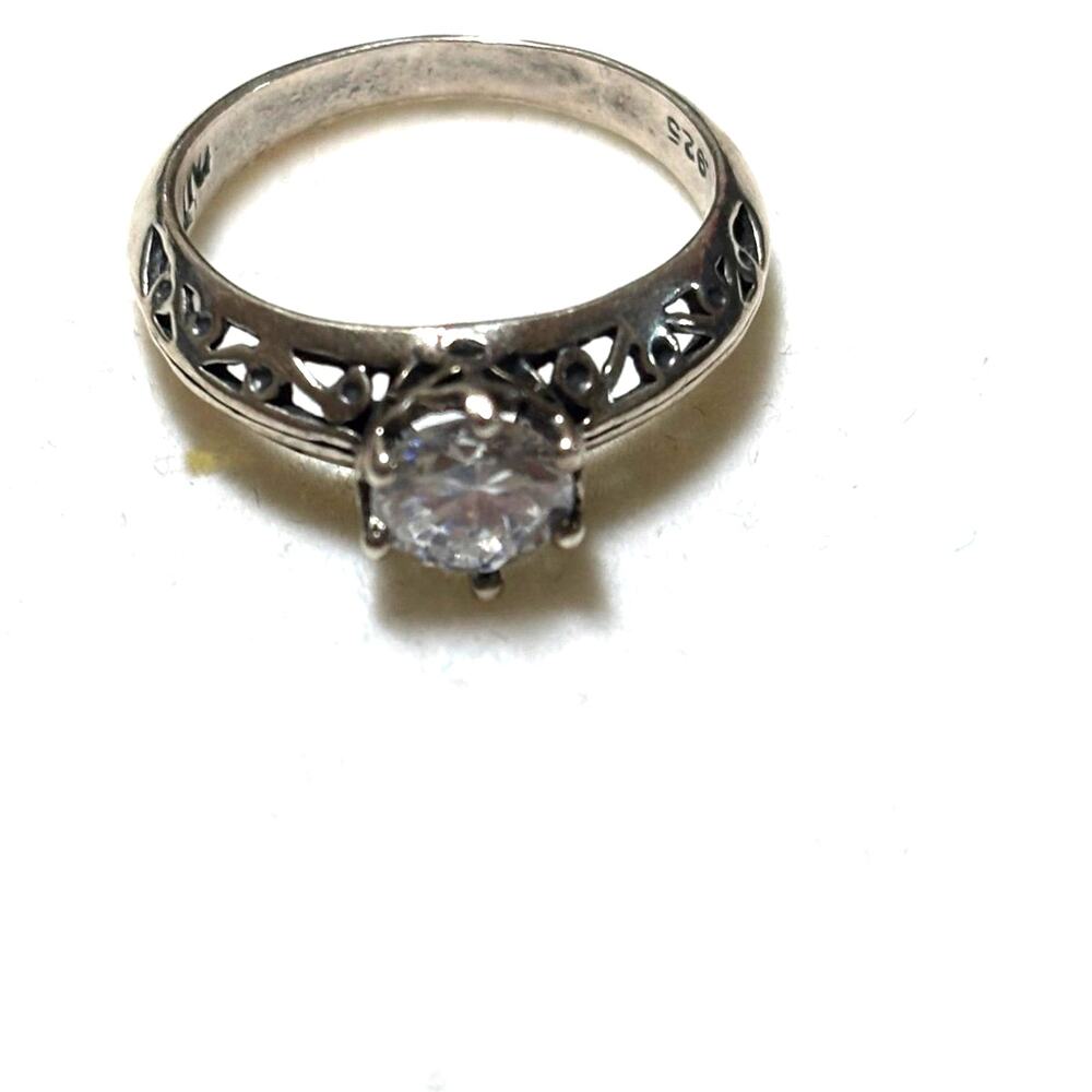 CZ round Solitaire Cut Out Band Sterling Silver Ring‎ Size 7